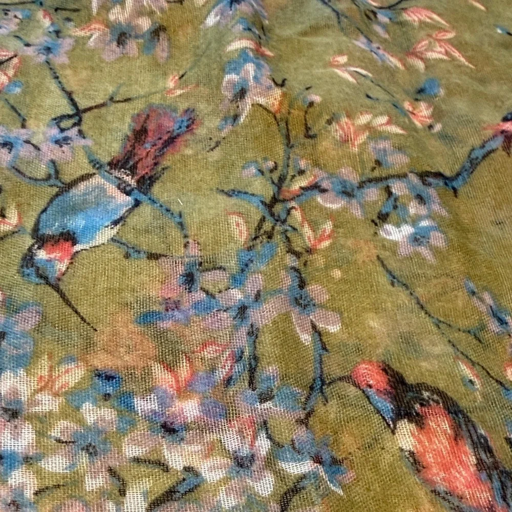 Hummingbird Japanese Floral Green and Burgundy Bordered Women's Scarf
